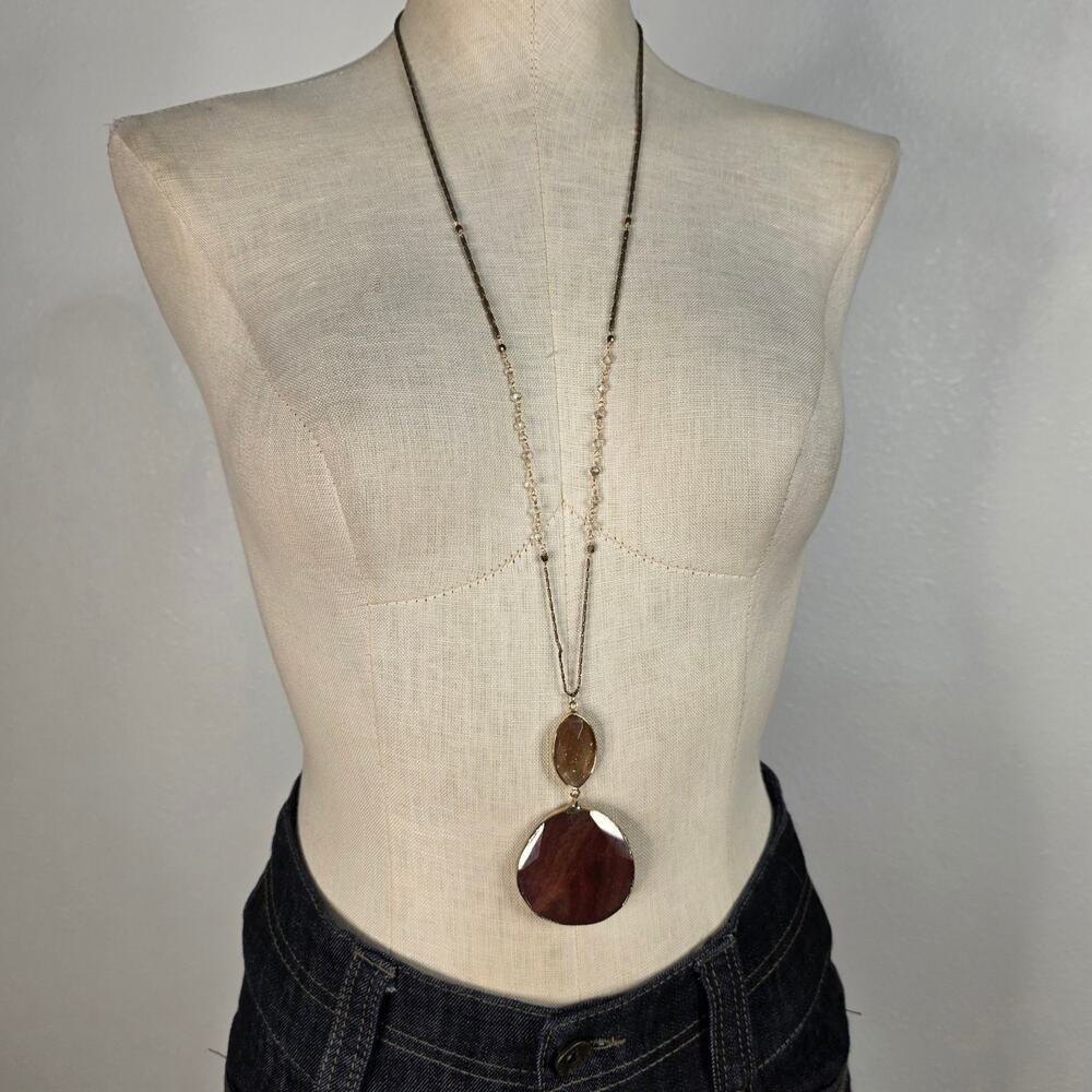 Serefina Long Brown Pendant Necklace Gold Tone Boho Statement